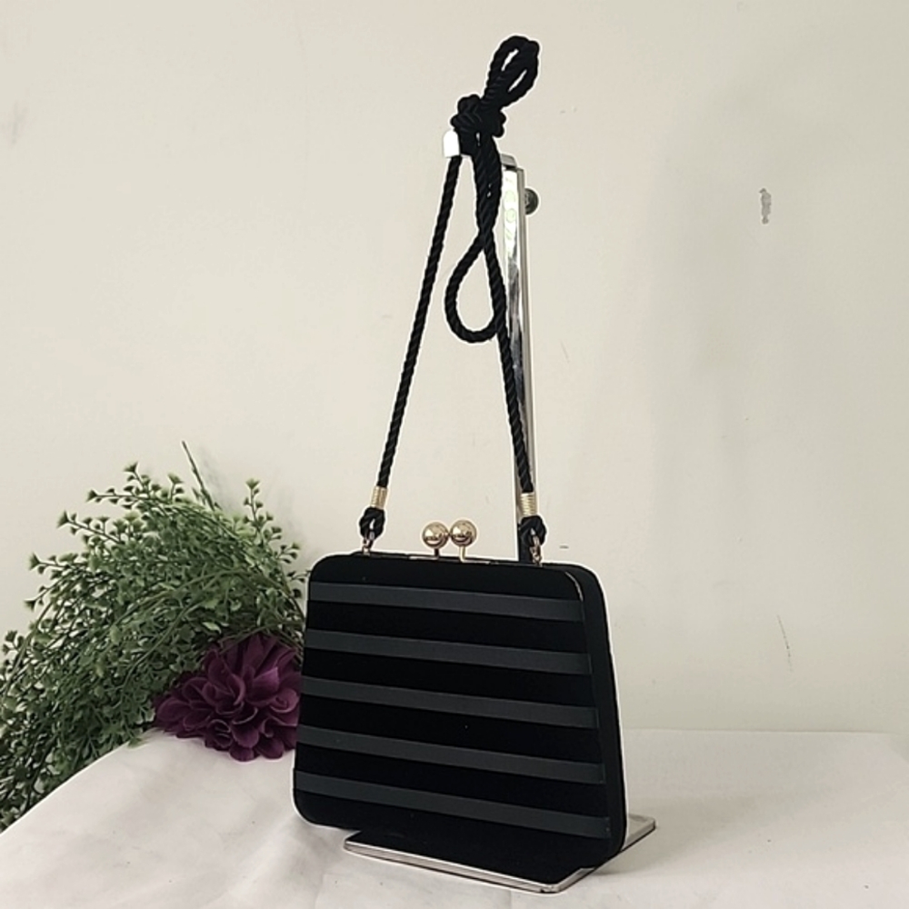 Lord & Taylor Black Velvet Satin Stripes Evening Clutch Shoulder Bag Purse